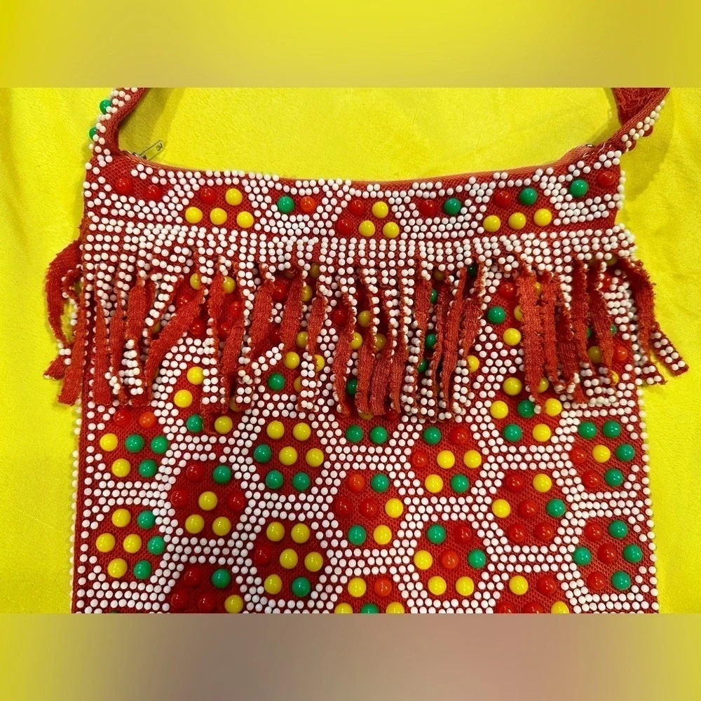 Vintage Beaded Fringe Shoulder Bag Crossbody Red Boho Ethnic Festival Purse HK